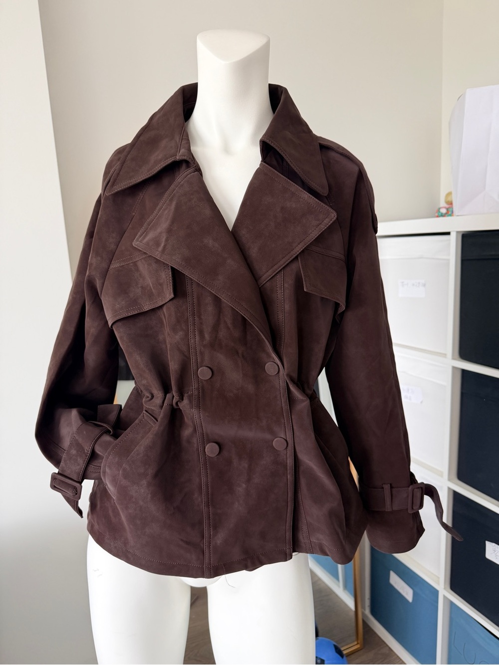 Double-Breasted Suede Trench Jacket - Brown